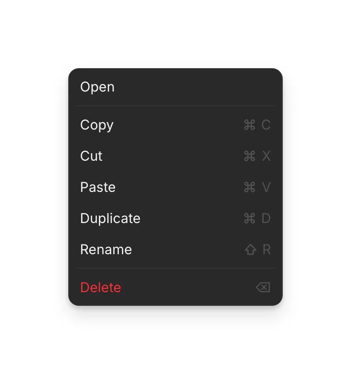 The right-click menu on a scene on the Canvas: Open, Copy, Cut, Paste, Duplicate, Rename, Delete