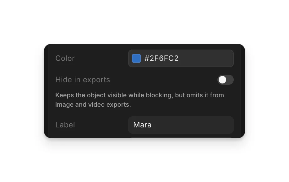 A character's Color and Label fields, with the label set to Mara