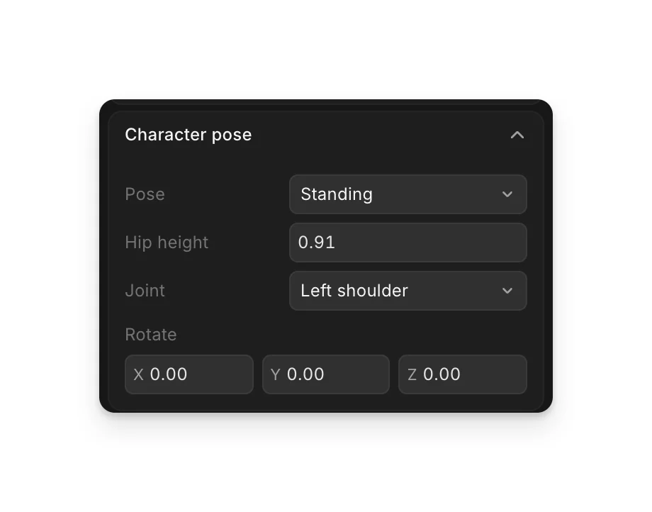 Character pose: Pose, Hip height, Joint and Rotate