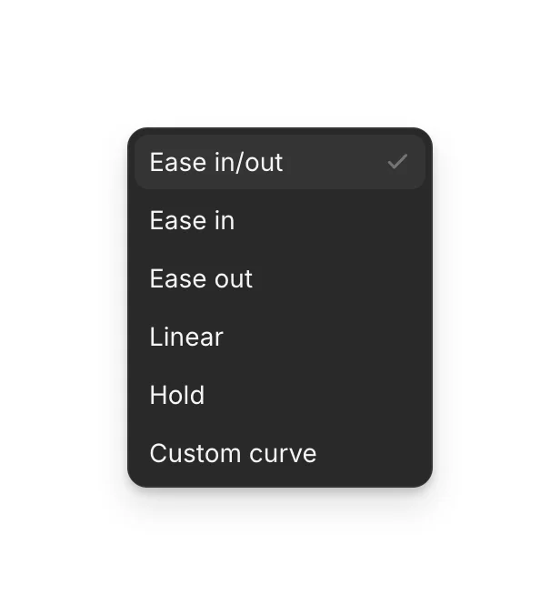 The Easing menu: Ease in/out, Ease in, Ease out, Linear, Hold, Custom curve