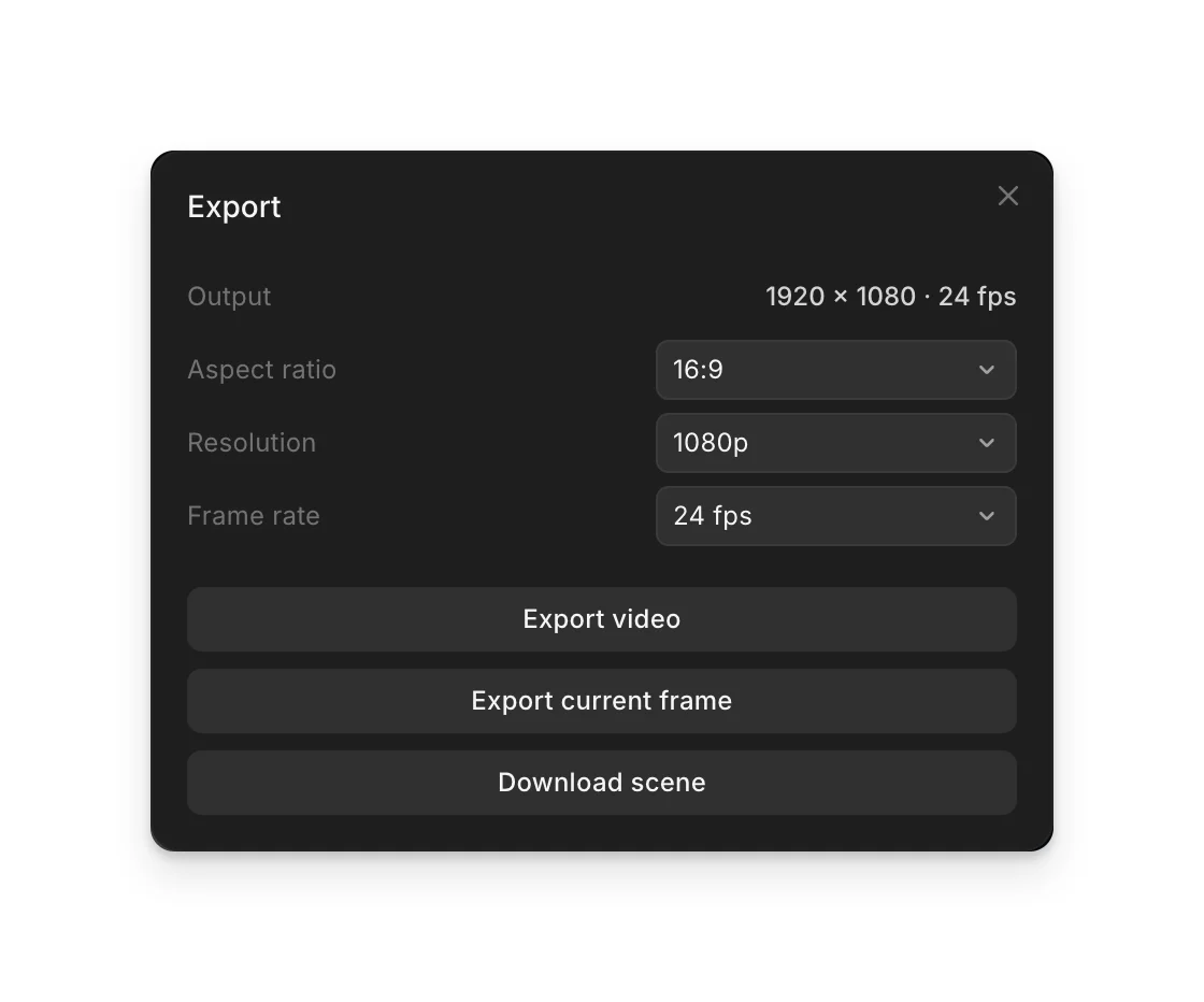 The Export dialog: Output, Aspect ratio, Resolution, Frame rate, Export video, Export current frame and Download scene