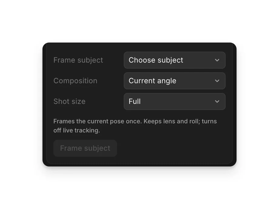 Frame subject: Choose subject, Composition, Shot size and the Frame subject button