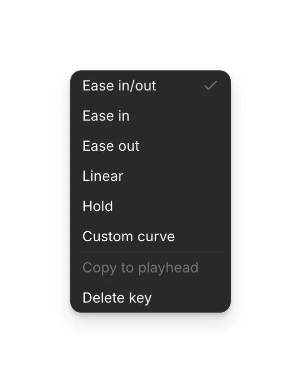 The right-click menu on a keyframe: the easing options, then Copy to playhead and Delete key