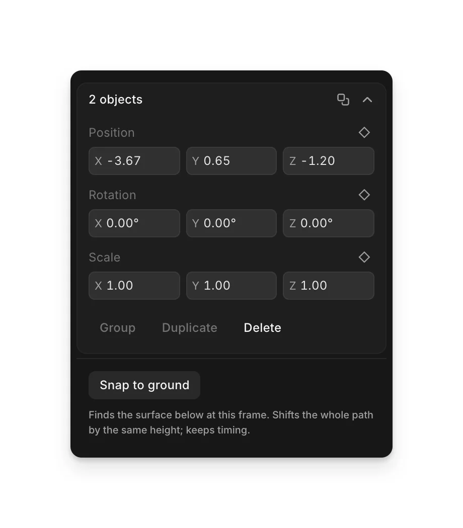 The Selection tab with 2 objects selected, showing Group, Duplicate, Delete and Snap to ground