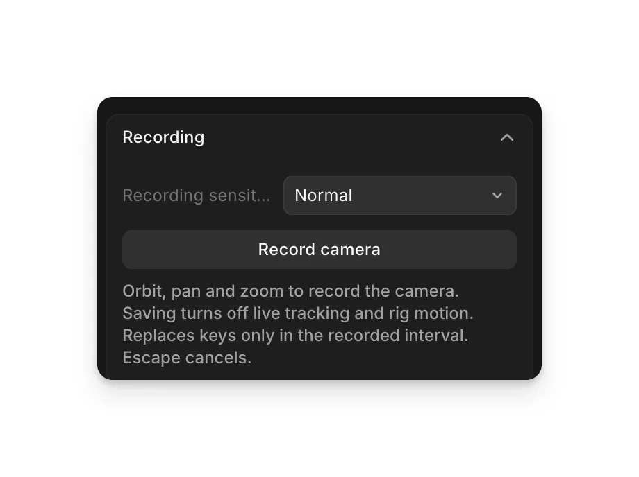 Recording in the Animate tab with the shot camera selected: Recording sensitivity and Record camera