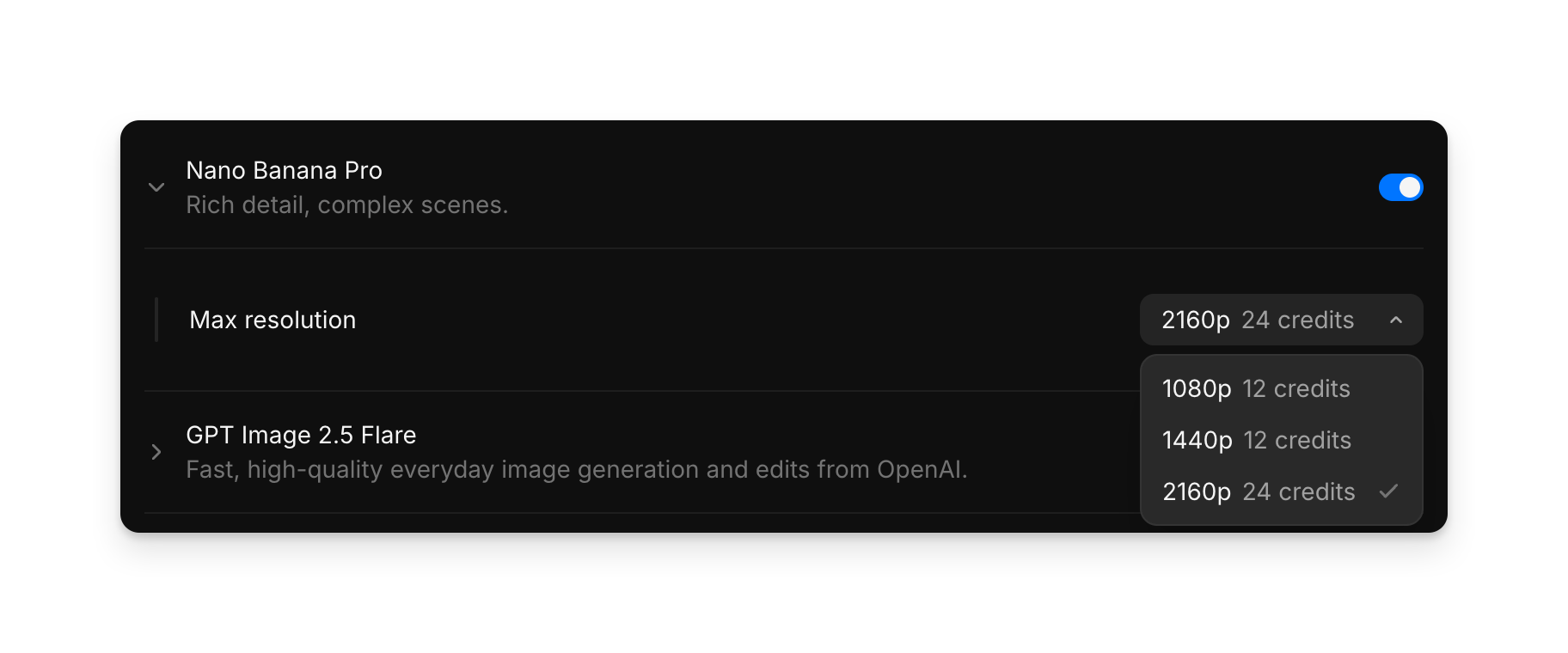 A model expanded in Model access, with its maximum resolution list open