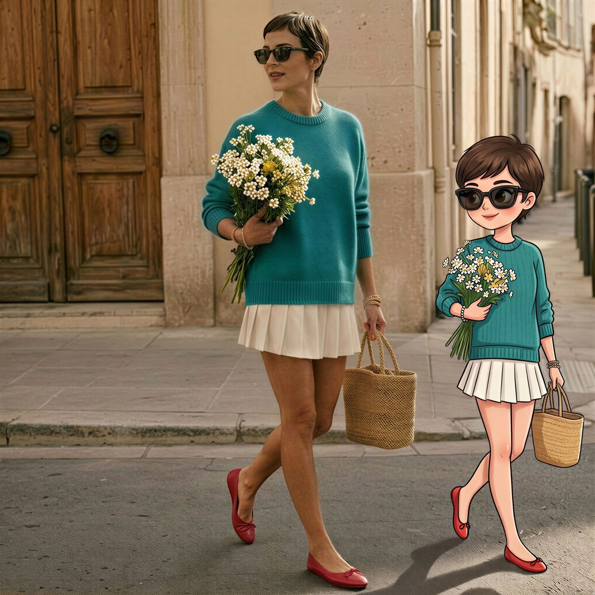 AI mini-me cartoon output generated by Morphic: the same woman walking next to a chibi-style cartoon version of herself, matching teal sweater, pleated skirt, sunglasses, daisy bouquet, and straw bag, in the same European street scene