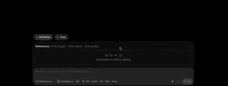 Morphic's Reference to Video panel for Seedance 2.5, showing reference slots for 30 images, 10 videos and 10 audio clips above the prompt bar, with the Task Type control at the end of the settings row