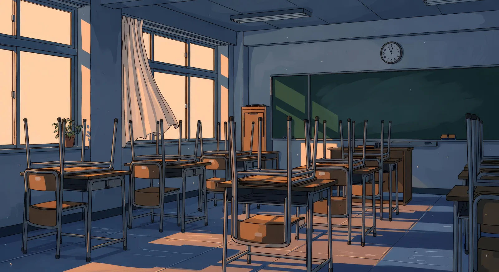 Empty classroom at dusk