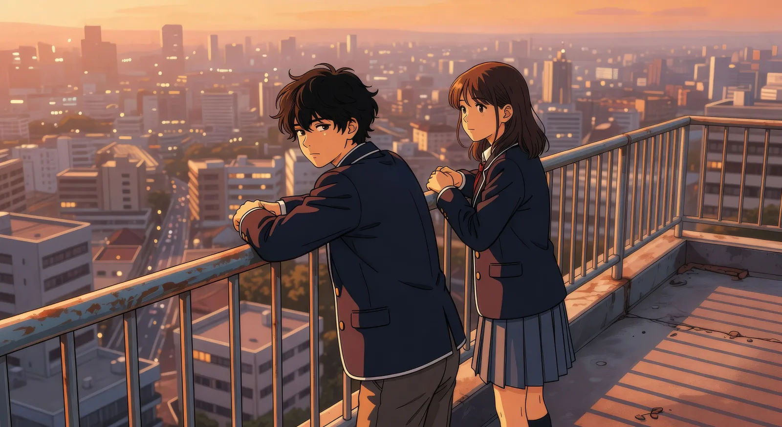 Rooftop confession at golden hour
