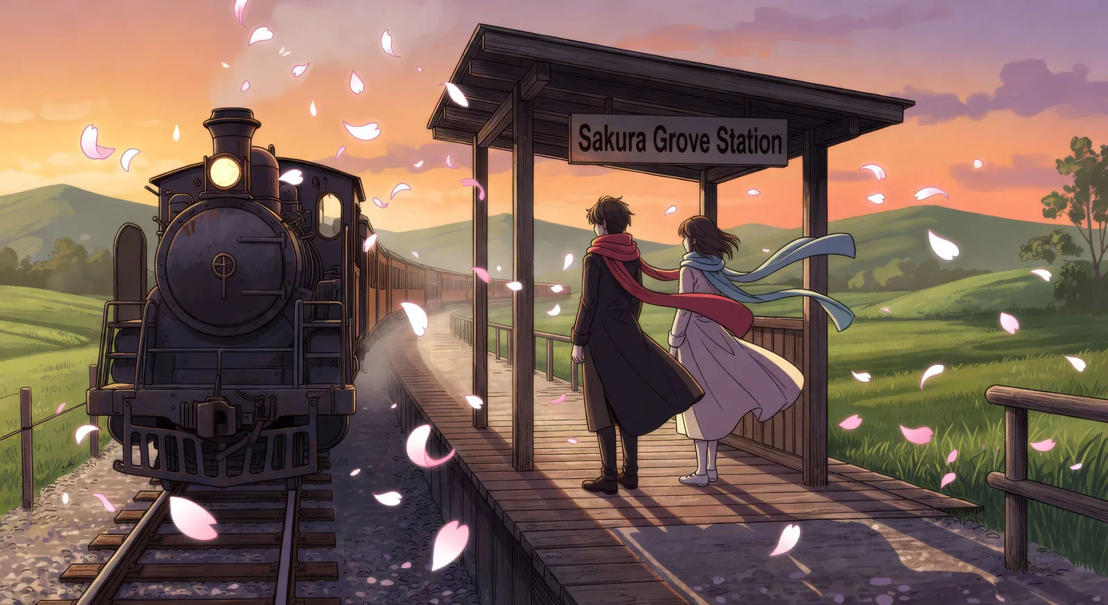 Train platform farewell at sunset