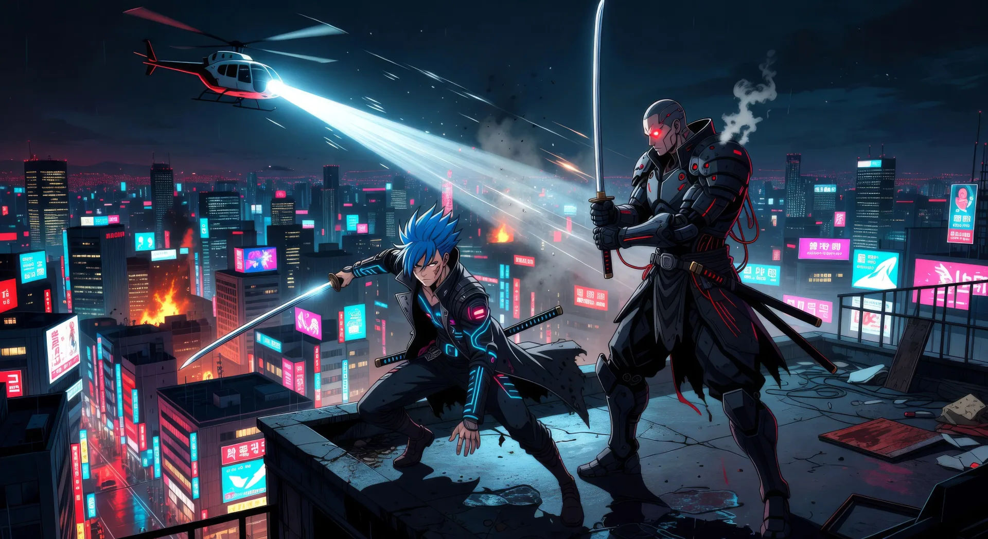 Rooftop standoff with neon below