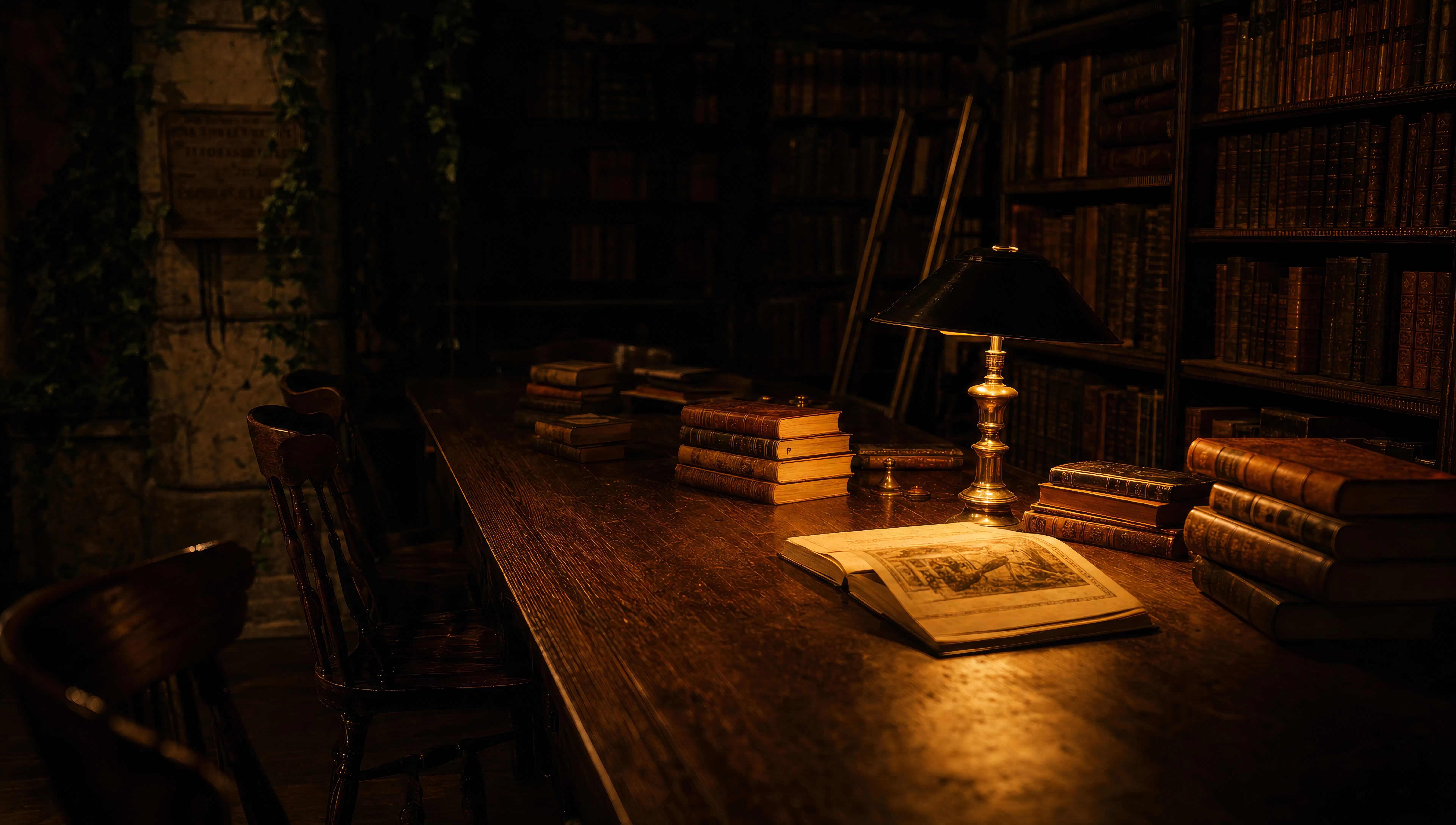 Oak library table at midnight