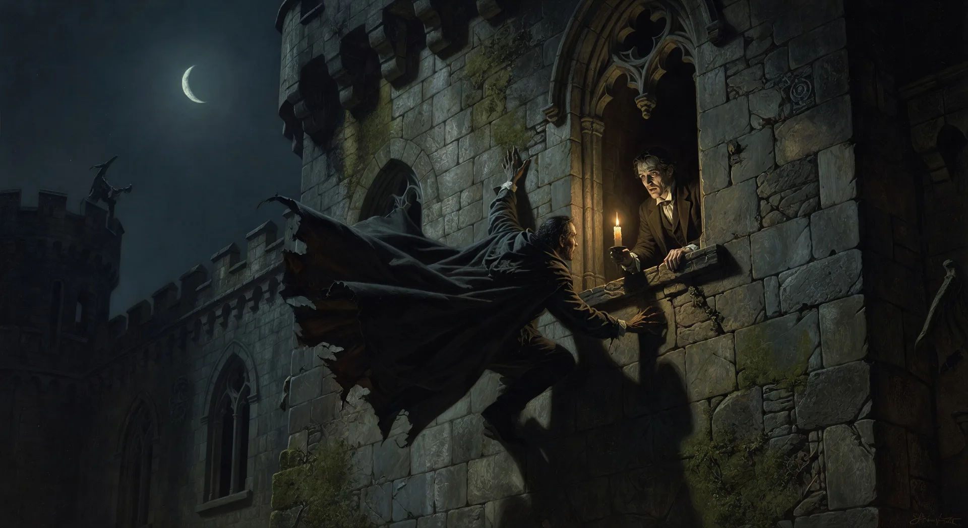 Dracula crawls head-first down the castle wall