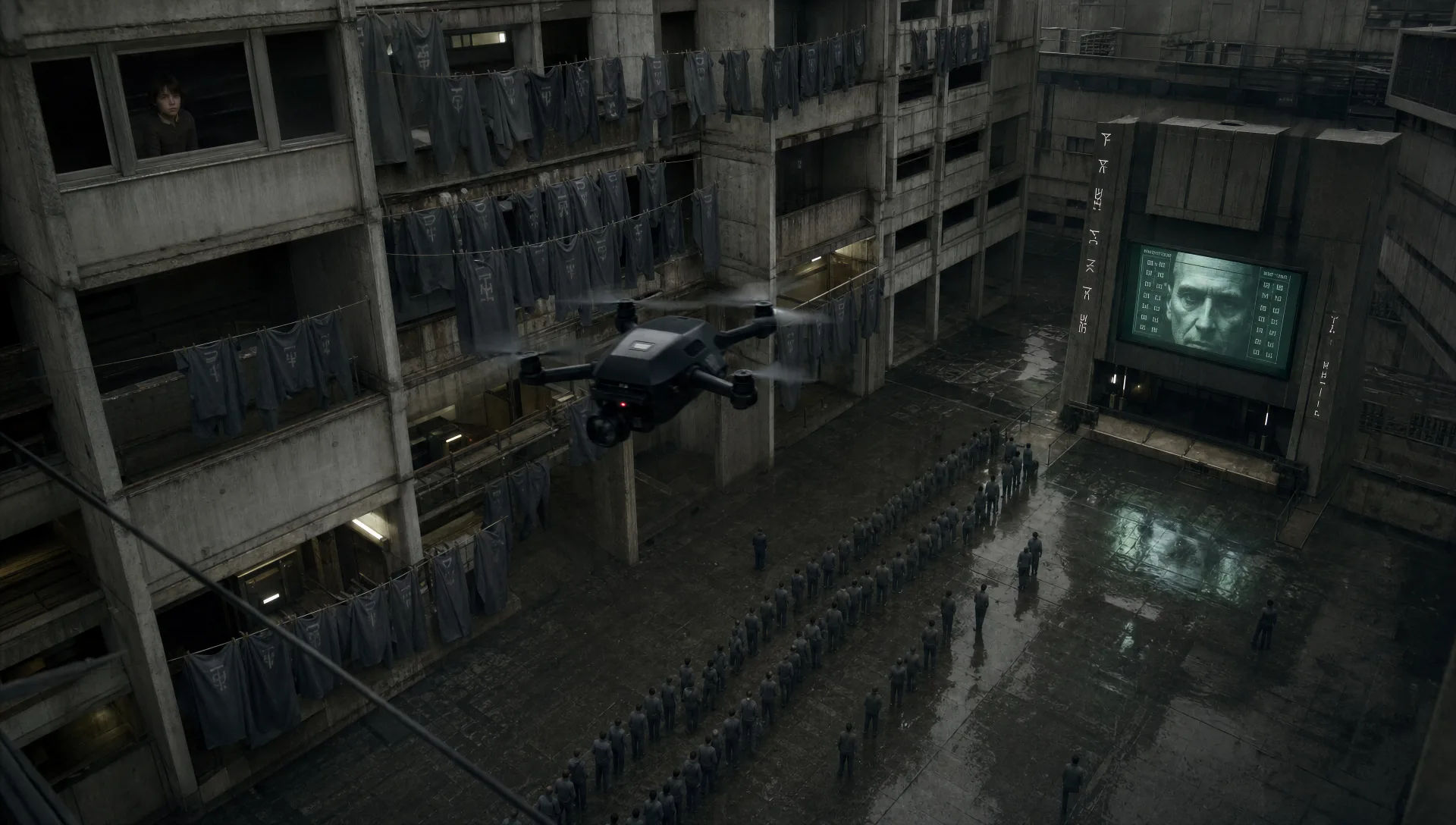 Surveillance drone over megablock courtyard