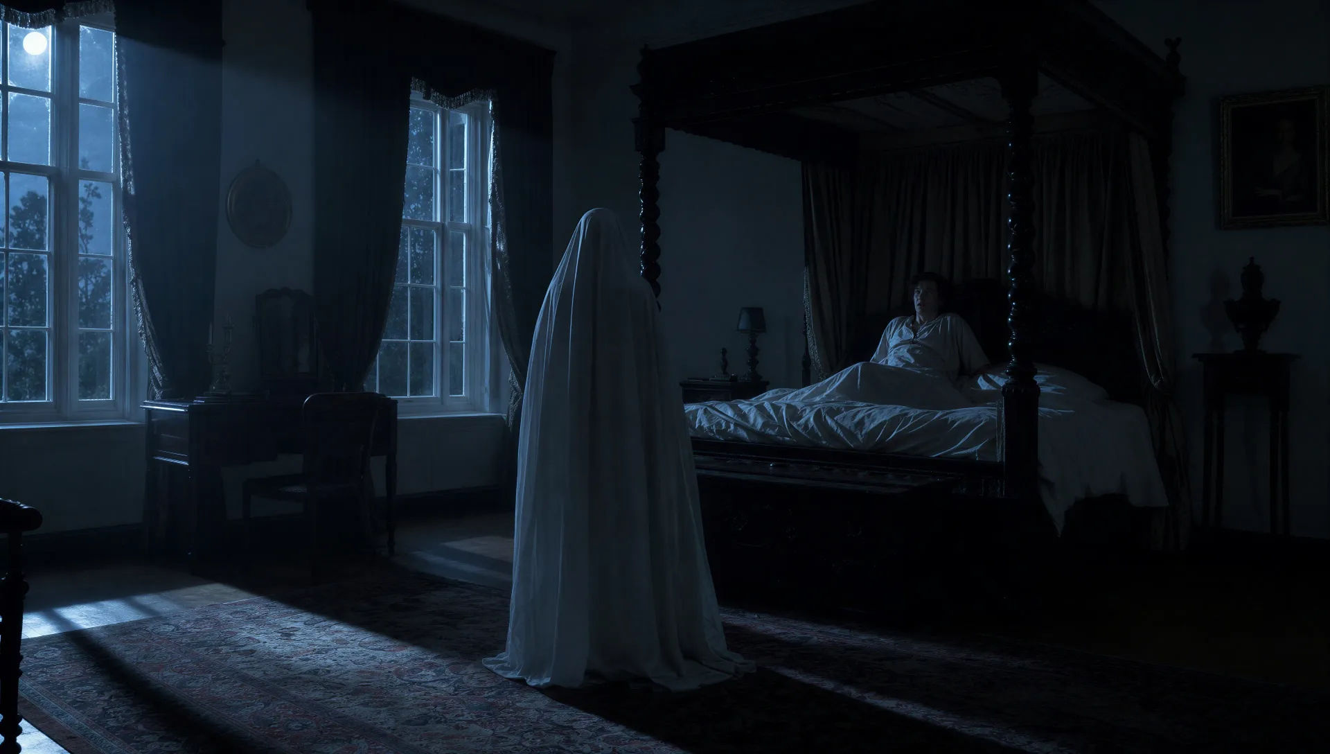 White-sheet apparition at the foot of a bed