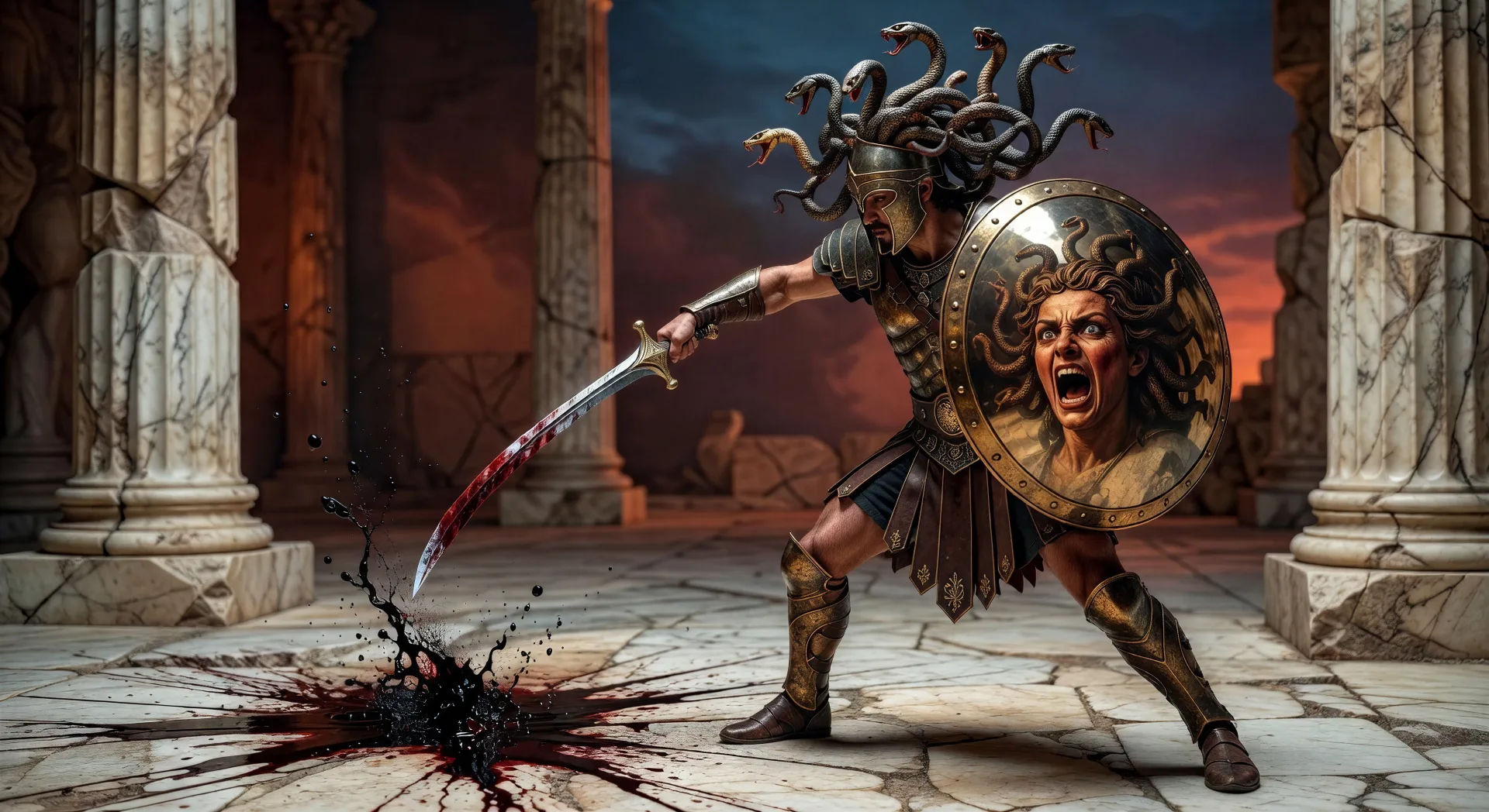 Perseus beheads Medusa