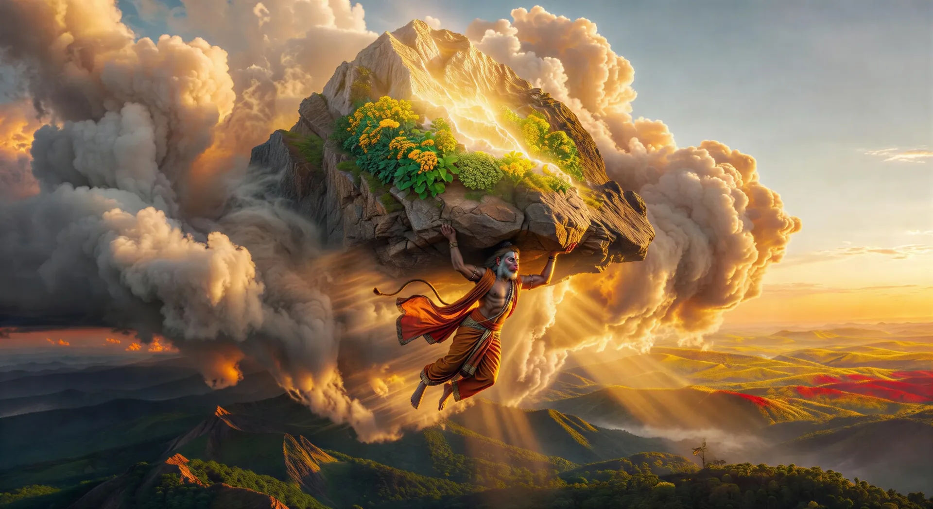 Hanuman lifts the Sanjeevani mountain