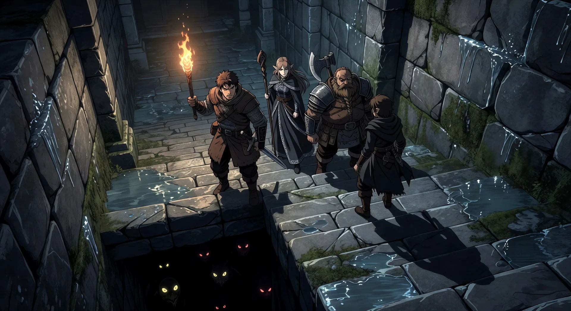 Dungeon descent with torchlight