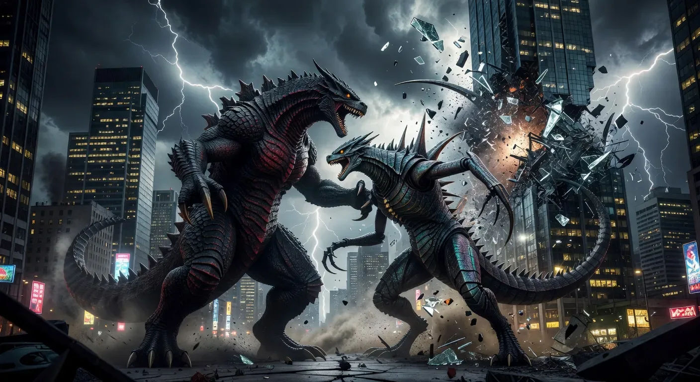 Kaiju-versus-kaiju duel collapsing a skyline