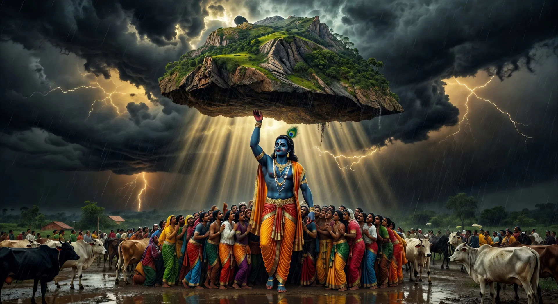 Krishna lifts Govardhan hill