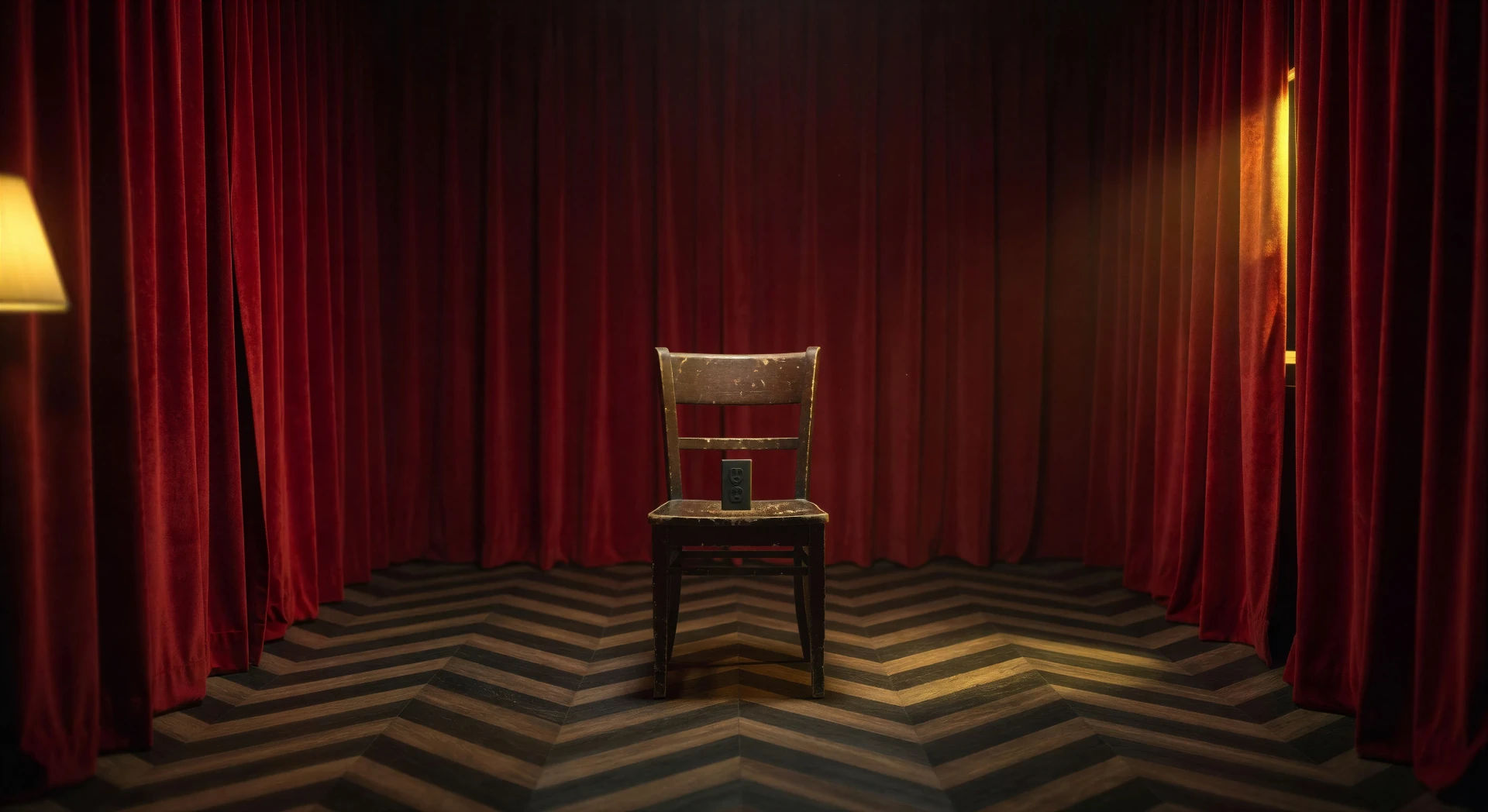 Red-curtained chamber with single chair