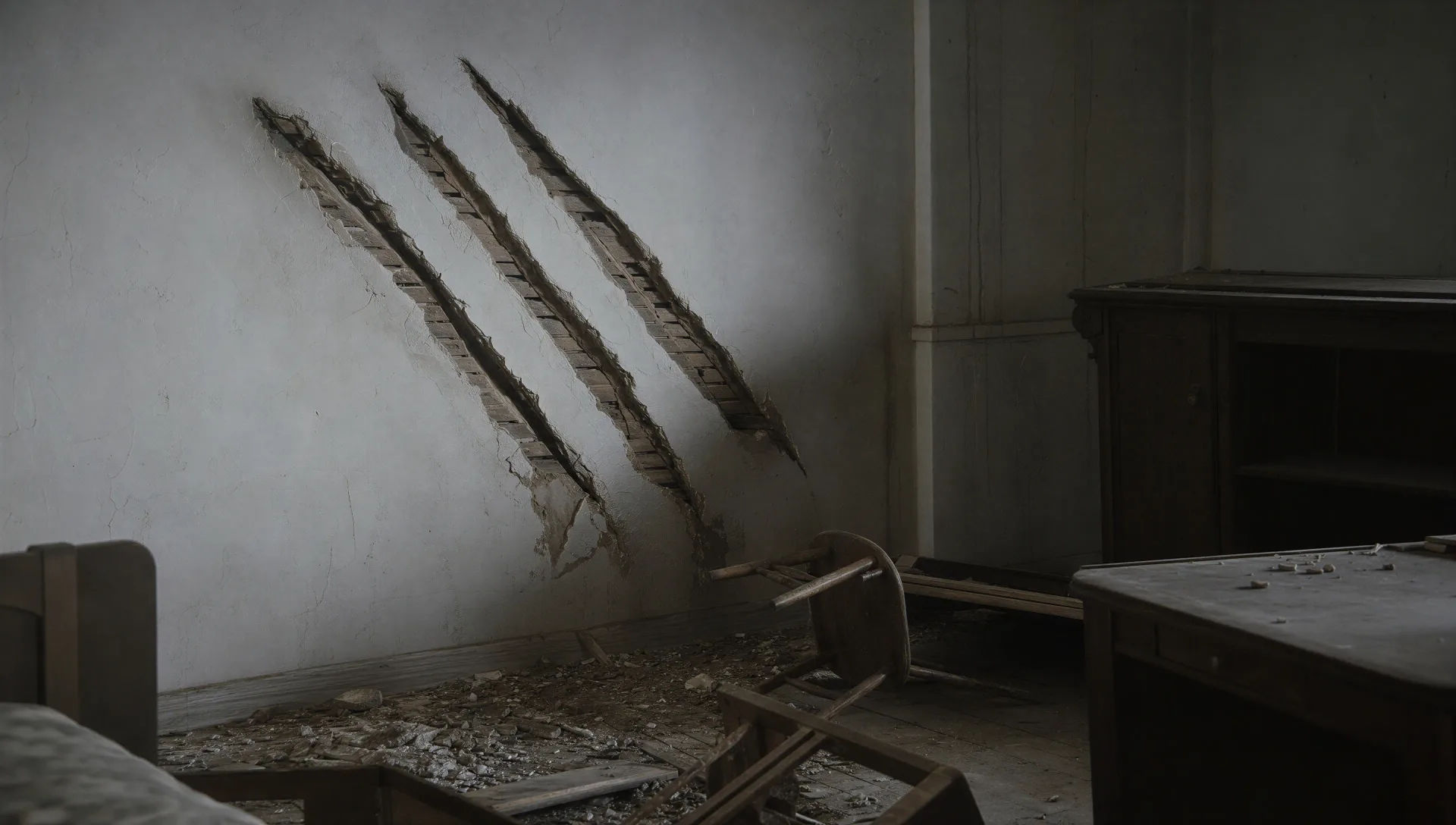 Claw marks on a ruined wall