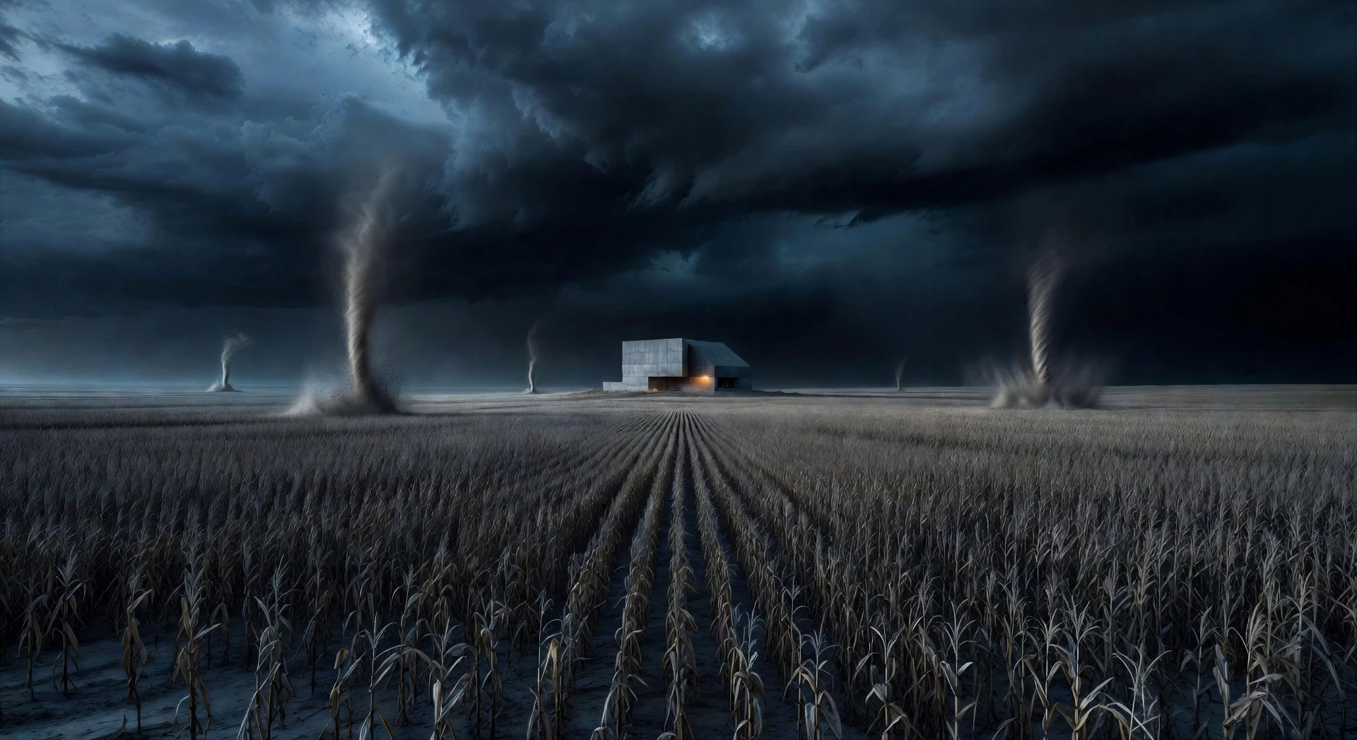 Dust-bowl cornfield in a storm