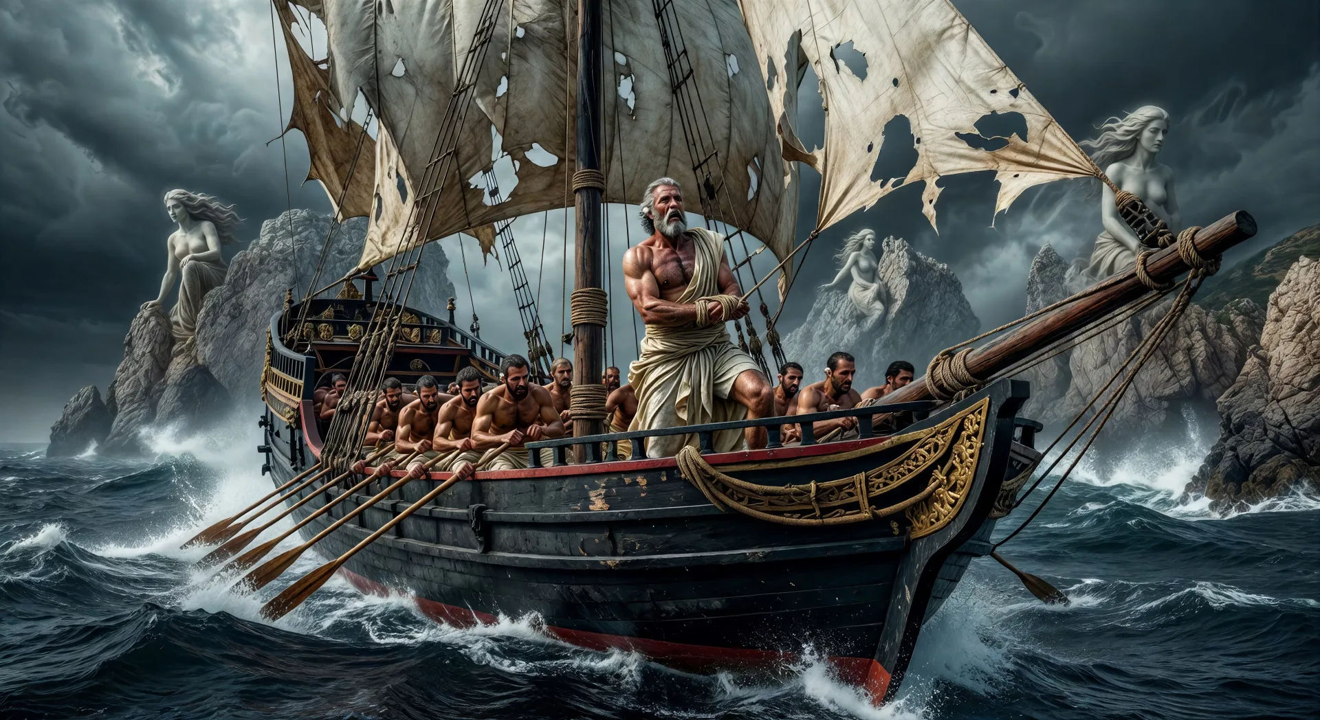 Odysseus tied to the mast for the Sirens