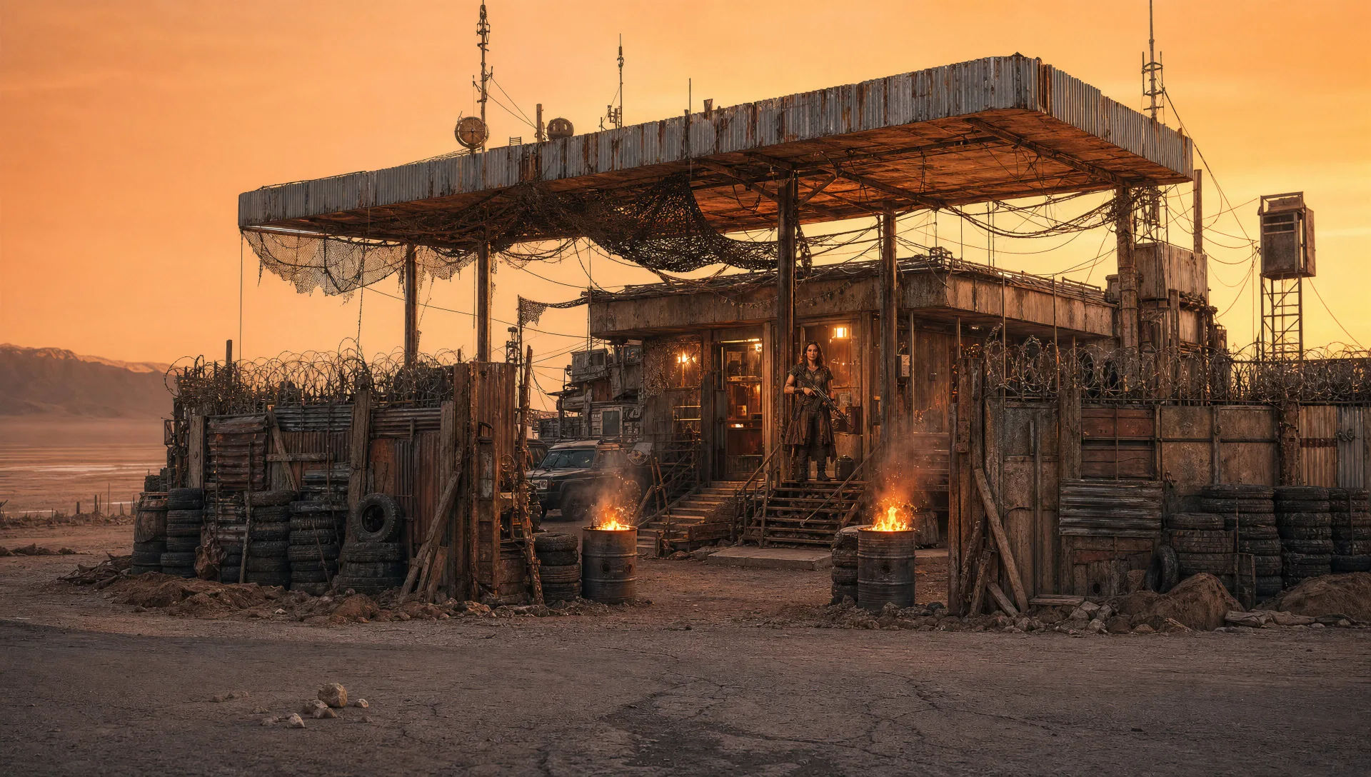Fortified gas-station settlement at dusk