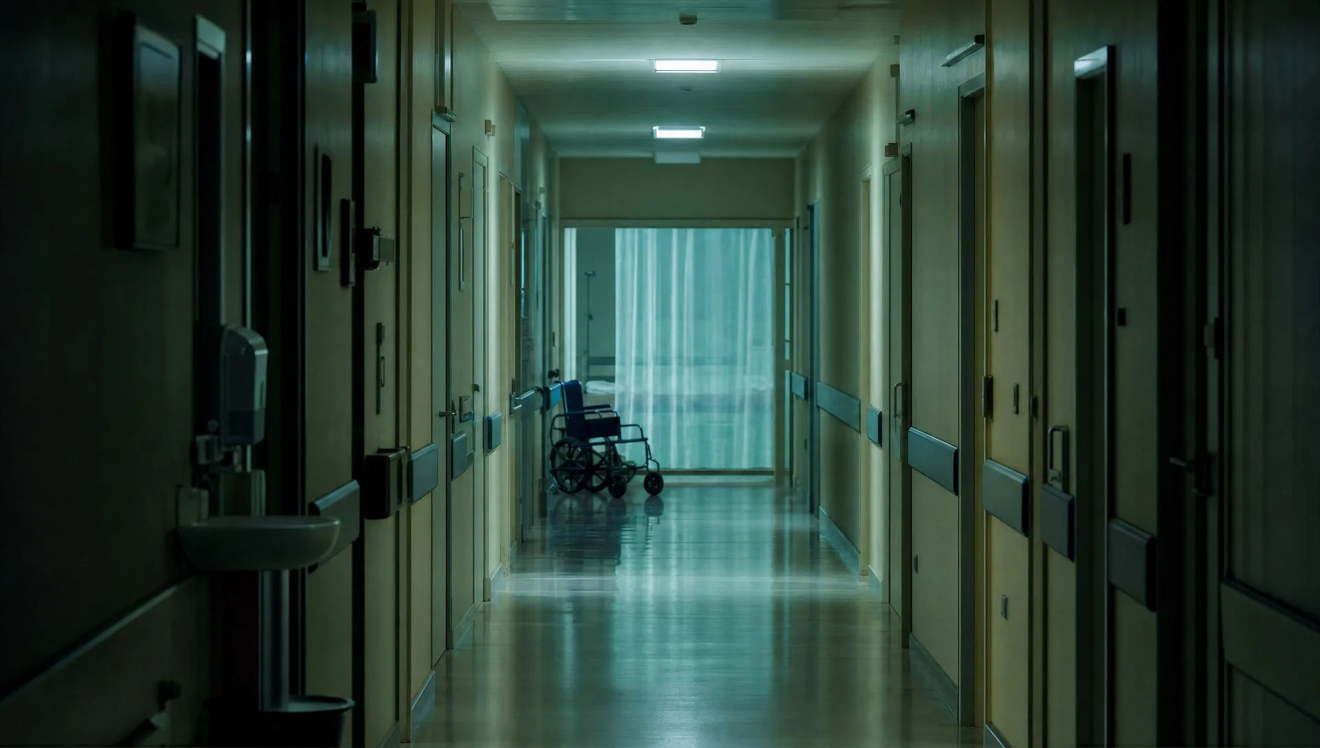 Empty fluorescent ward corridor at night