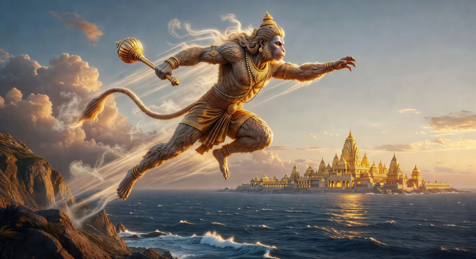 Hanuman leaps the ocean to Lanka