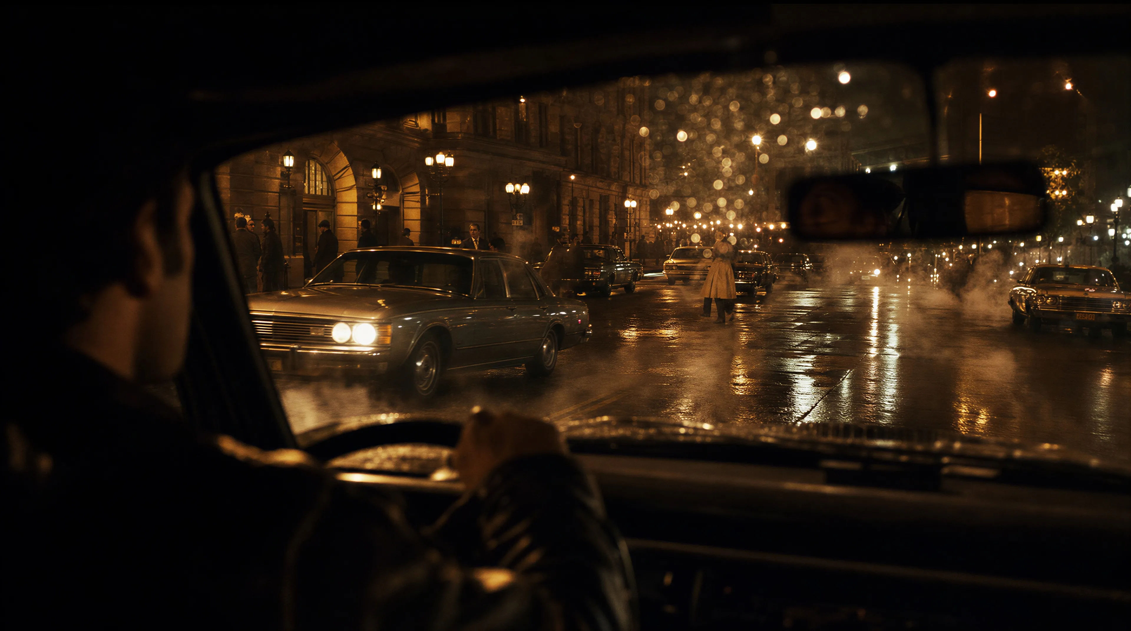 Rain-slick neon street from a slow car