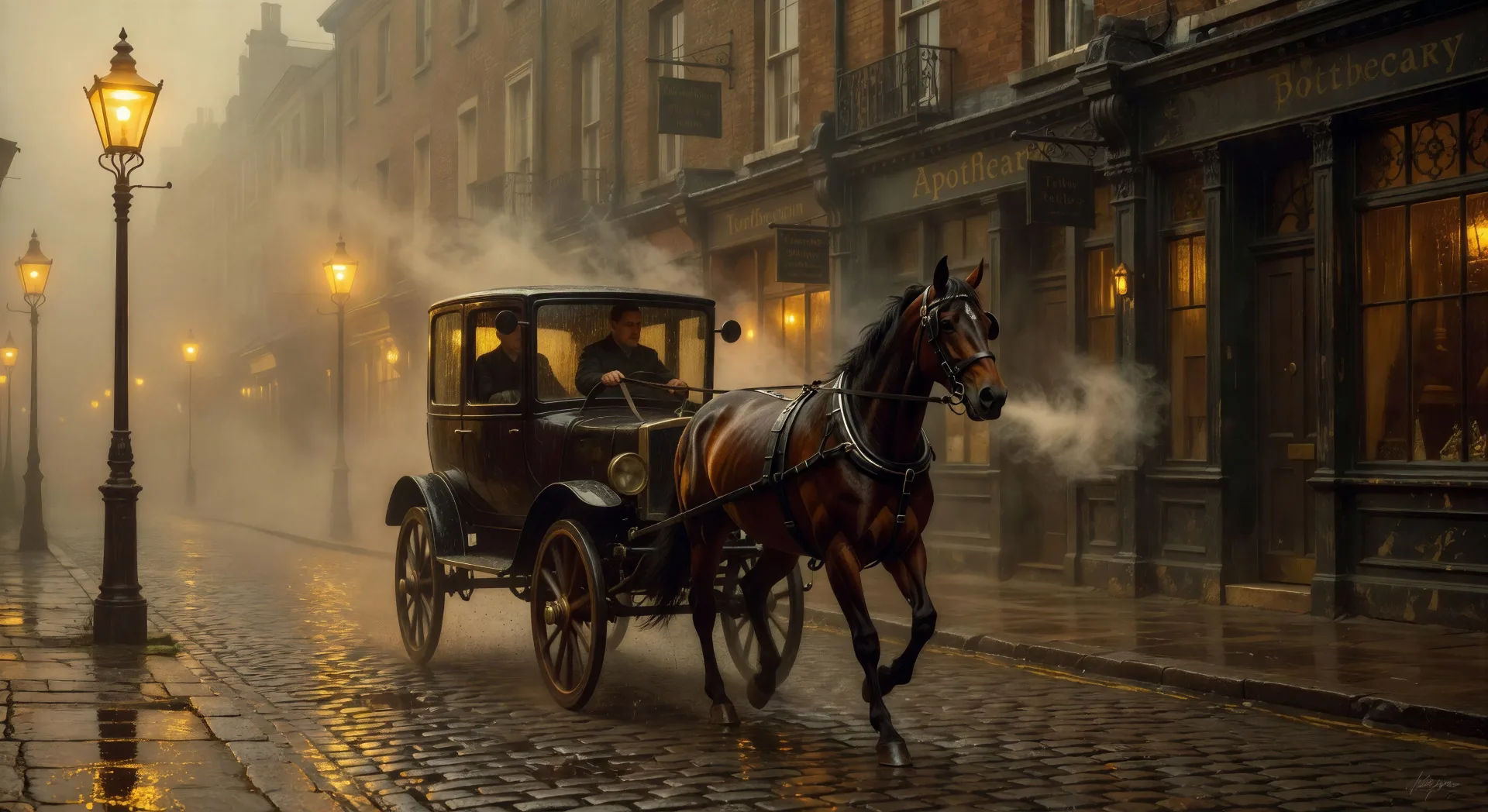 A hansom cab in the London fog