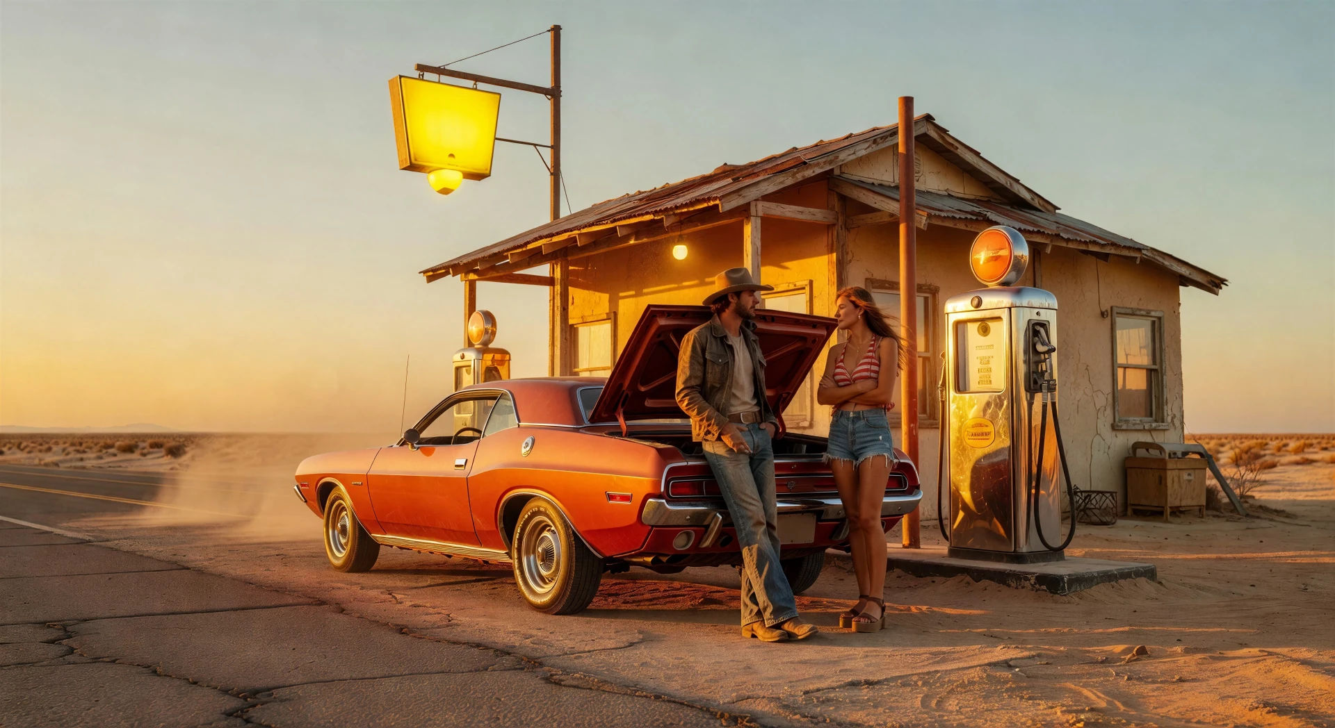 Desert gas station at golden hour
