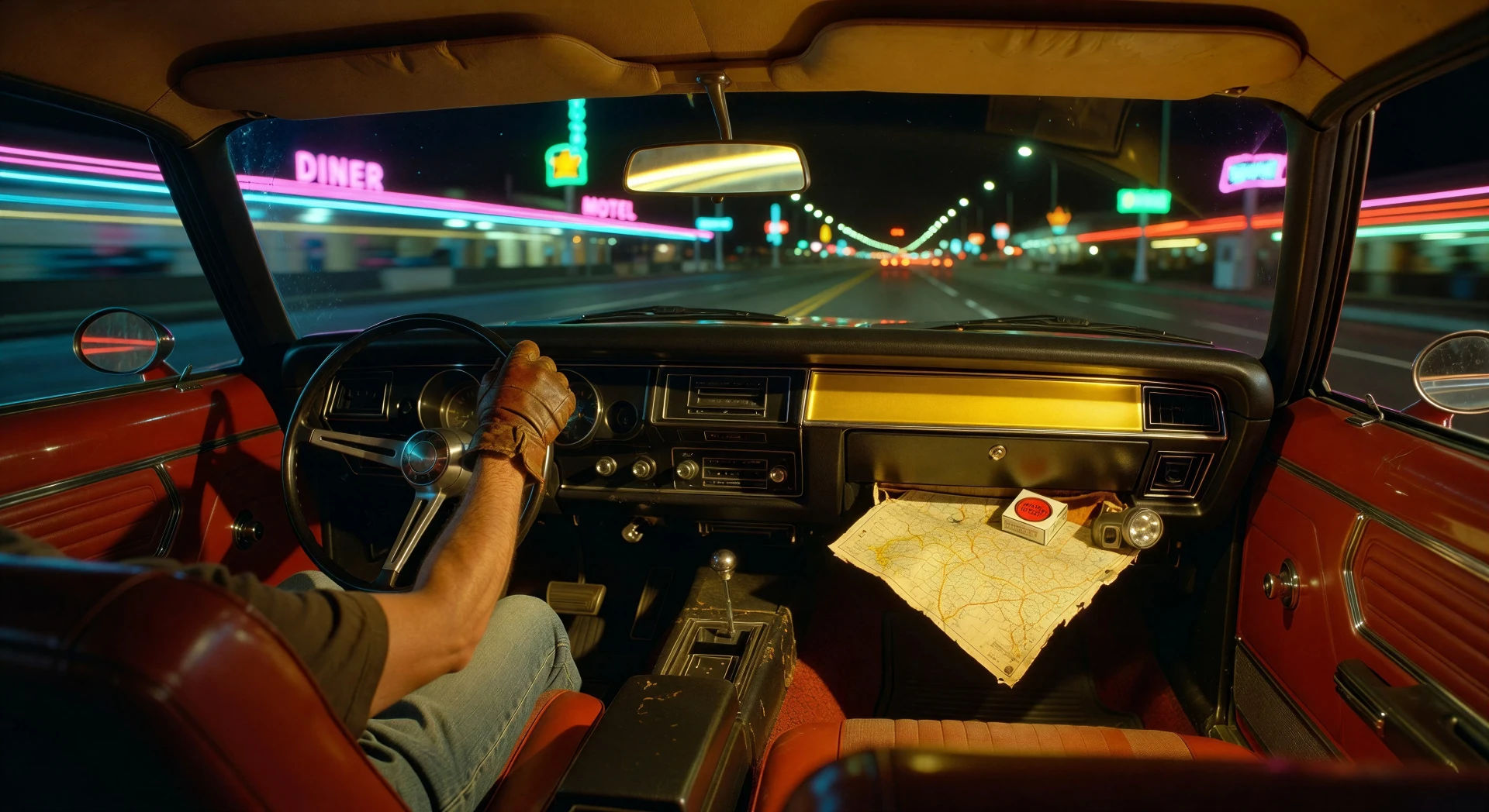 Vintage muscle car interior at night