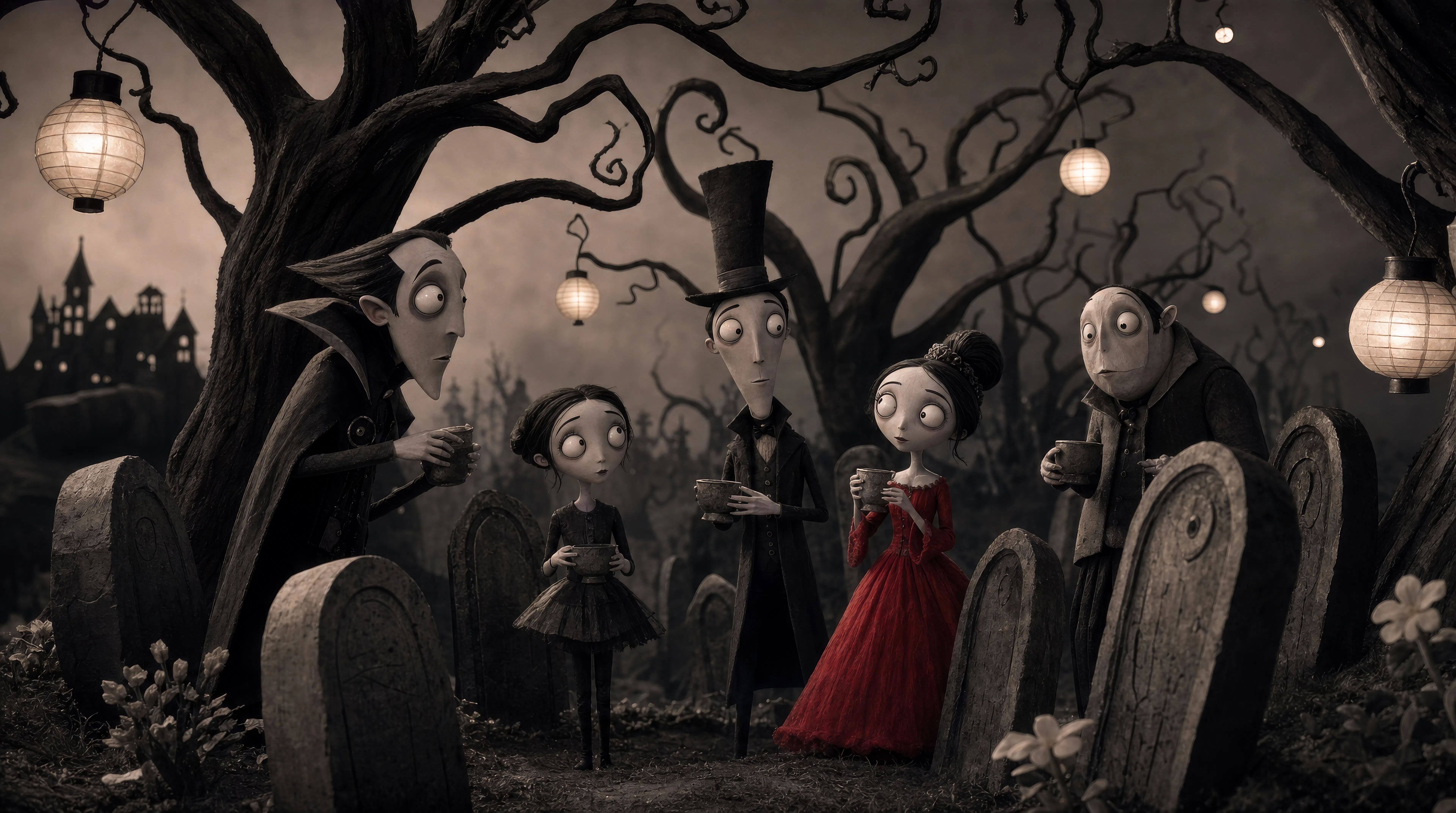 A graveyard picnic with lanterns