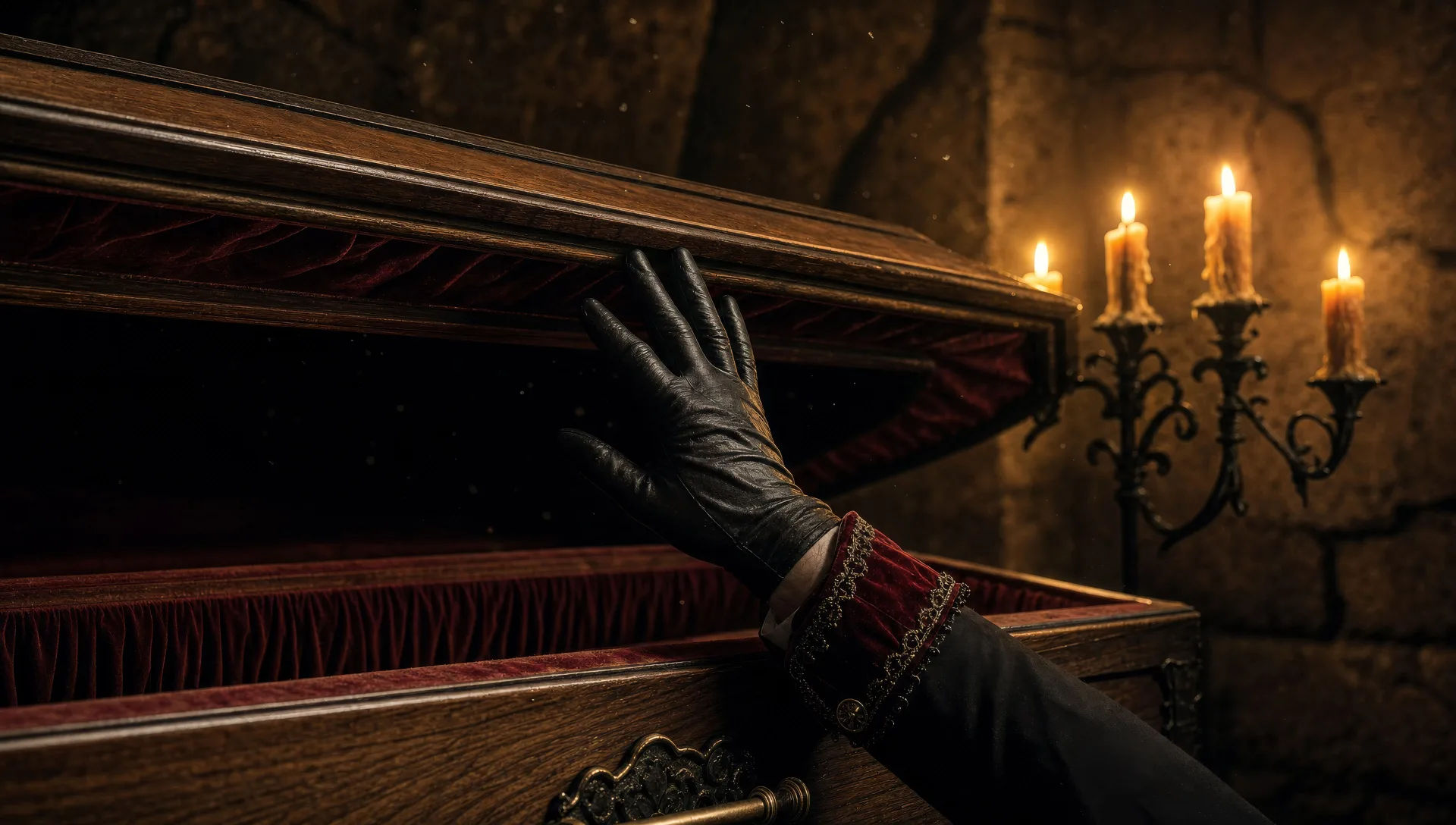 Coffin lid lifting in a candlelit crypt