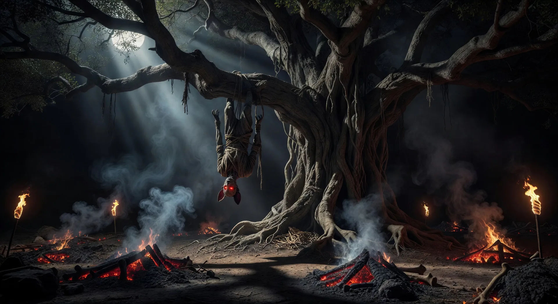 Betal hangs from the cremation-ground tree