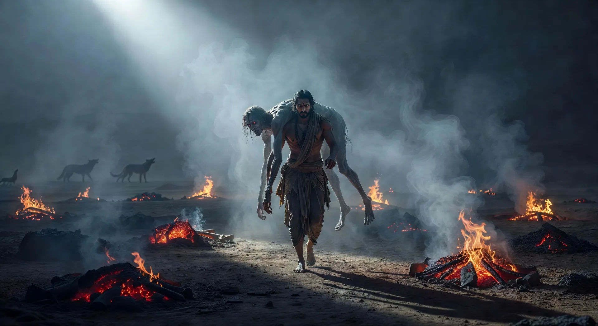 Vikram carries Betal across the cremation ground