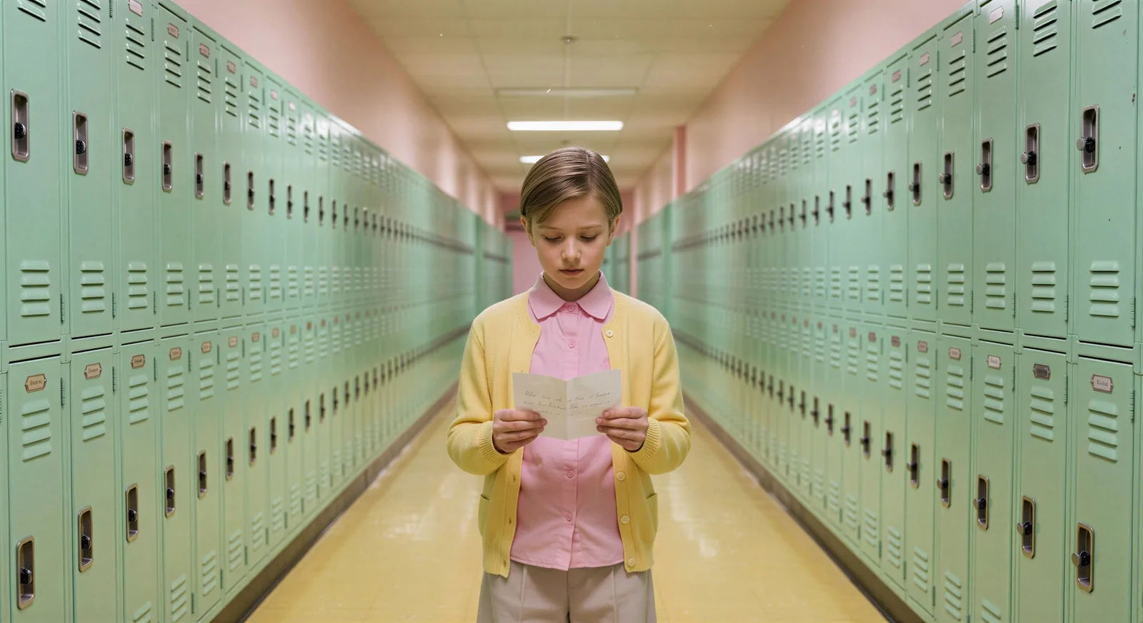 School corridor of painted lockers