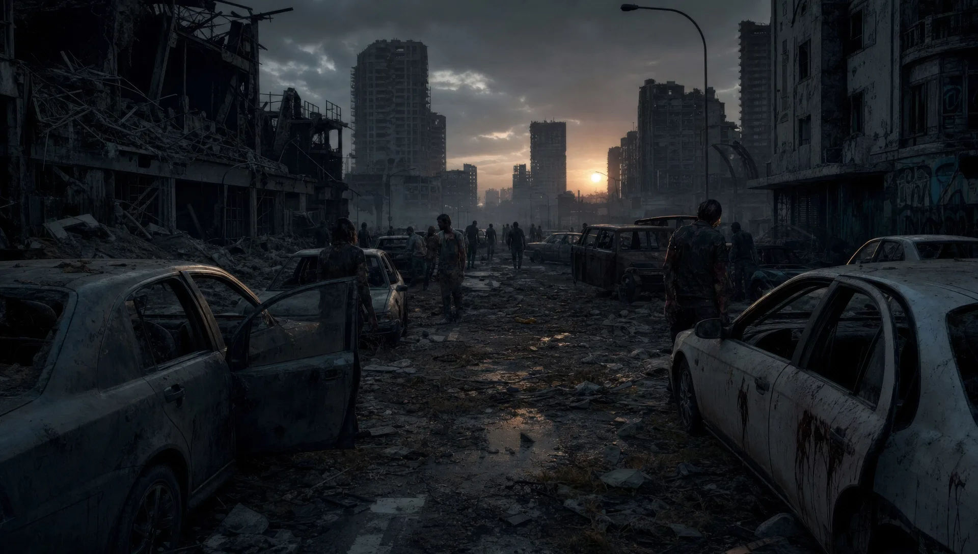 Overrun city street at dusk